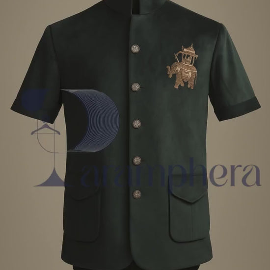 Luxury Men’s Velvet Short Coat with Zardozi Embroidery | Green Ethnic Nehru Coat | Indian Wedding & Festive Wear